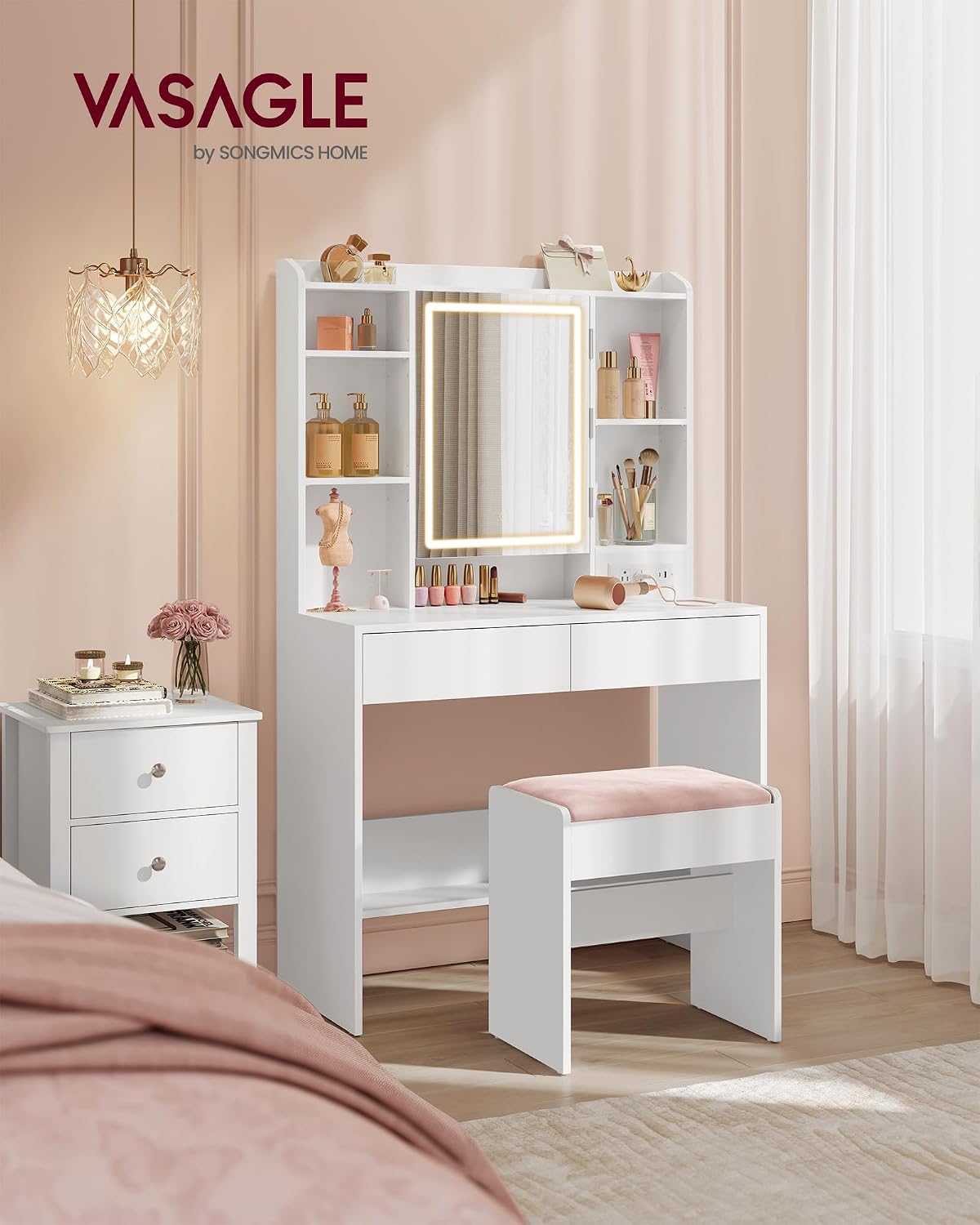 VASAGLE 35.4-Inch Vanity Desk with Mirror and Lights, 2 Drawers | Modern Vanity Table Set with Stool, Power Outlets, Jewelry Storage, 6 Compartments, Cloud White, KAILYN Collection URDT031W01