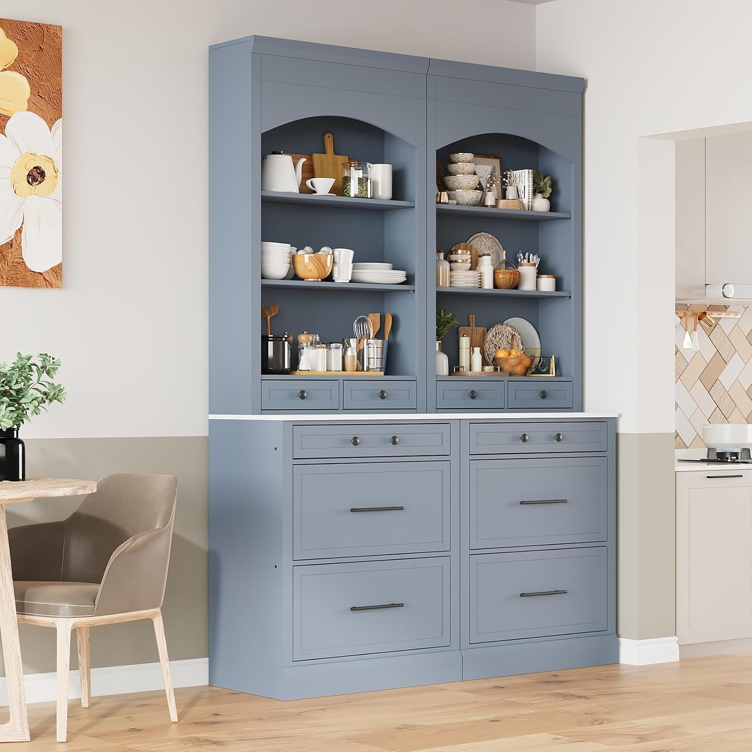 Kitchen Pantry Cabinet, 83.7" Freestanding Storage Cabinet with Hutch, Faux Marble Countertop, 5 Storage Drawers and Adjustable Shelves, Coffee Bar Cabinet for Dining Room, Grey Set of 2
