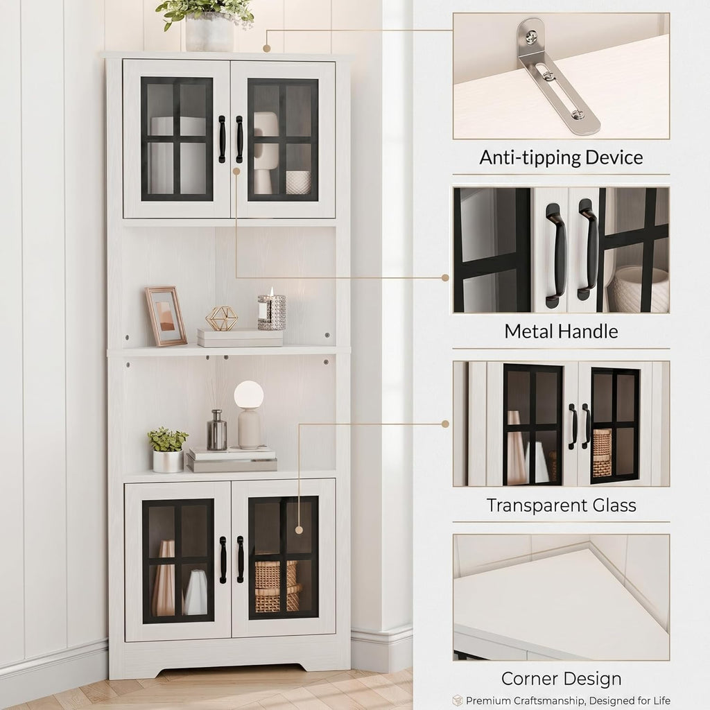 Corner Cabinet with Glass Doors and LED Lights, 67" Tall Corner Pantry Cabinet, Modern Farmhouse Corner Cabinet Organizer for Bathroom Kitchen Living Room, White