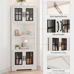 Corner Cabinet with Glass Doors and LED Lights, 67" Tall Corner Pantry Cabinet, Modern Farmhouse Corner Cabinet Organizer for Bathroom Kitchen Living Room, White