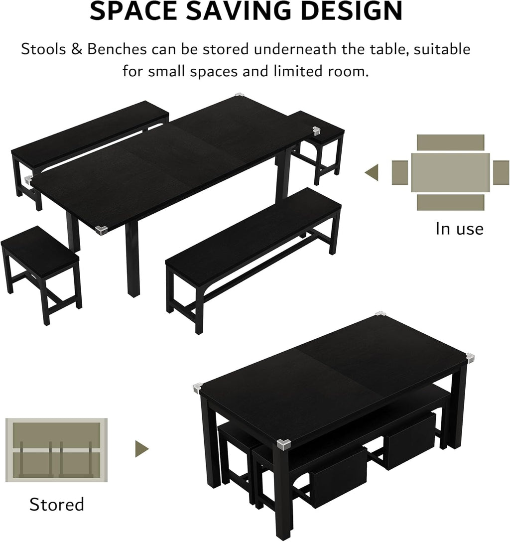 iPormis 5-Piece Dining Table Set for 4-8 People, Extendable Kitchen Table Set with 2 Benches and 2 Square Stools, Mid-Century Dining Room Table with Metal Frame & MDF Board, Saving Space, Black