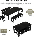 iPormis 5-Piece Dining Table Set for 4-8 People, Extendable Kitchen Table Set with 2 Benches and 2 Square Stools, Mid-Century Dining Room Table with Metal Frame & MDF Board, Saving Space, Black