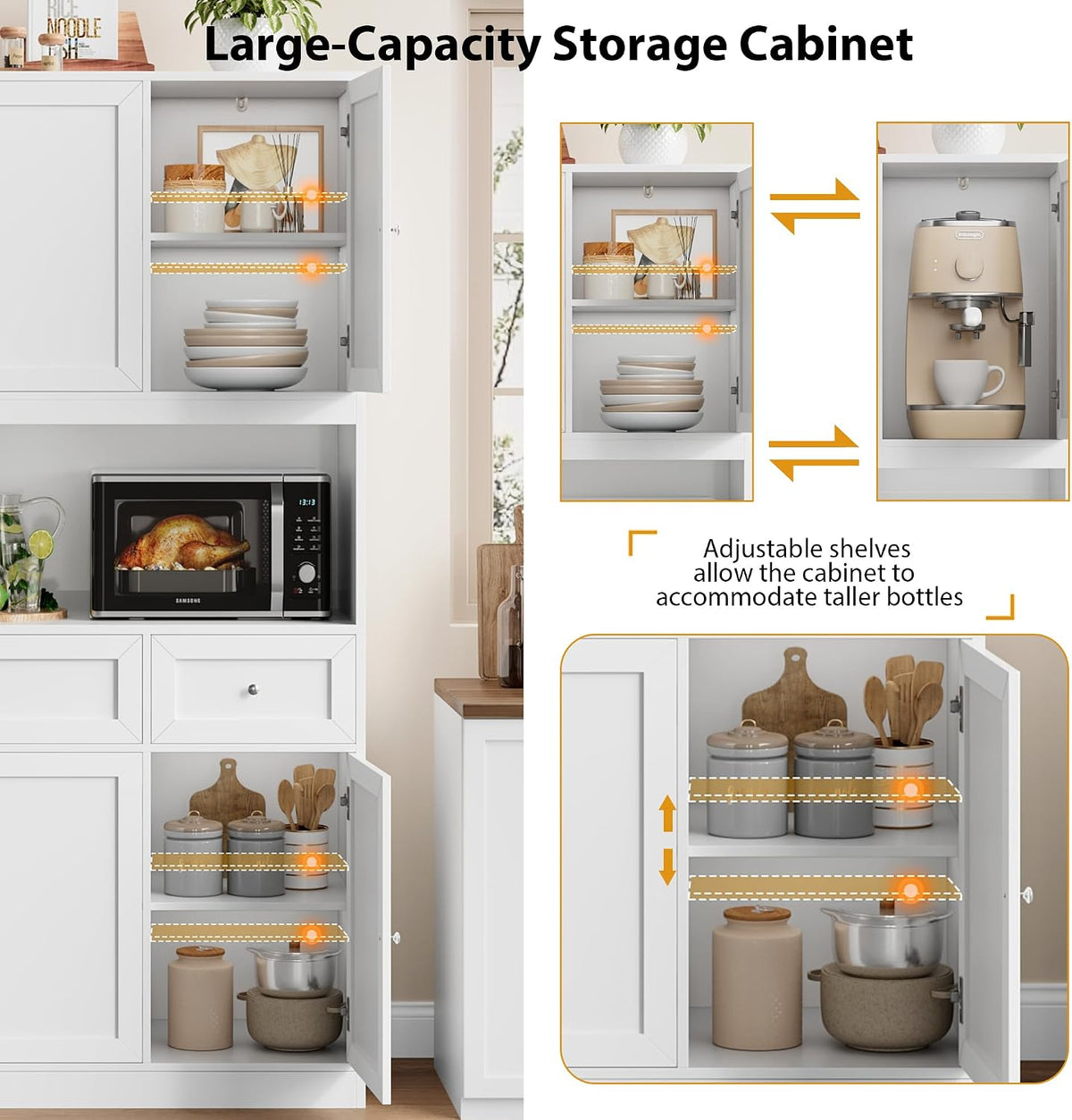 BOTLOG 72" Kitchen Pantry Cabinet, Kitchen Hutch with Microwave Stand, Buffet Cabinet with Hutch for Dining Room, White | 2 Drawers, Large Capacity, 47.2-inch wide Countertop, Kitchen Hutch utch for Dining Room (White)