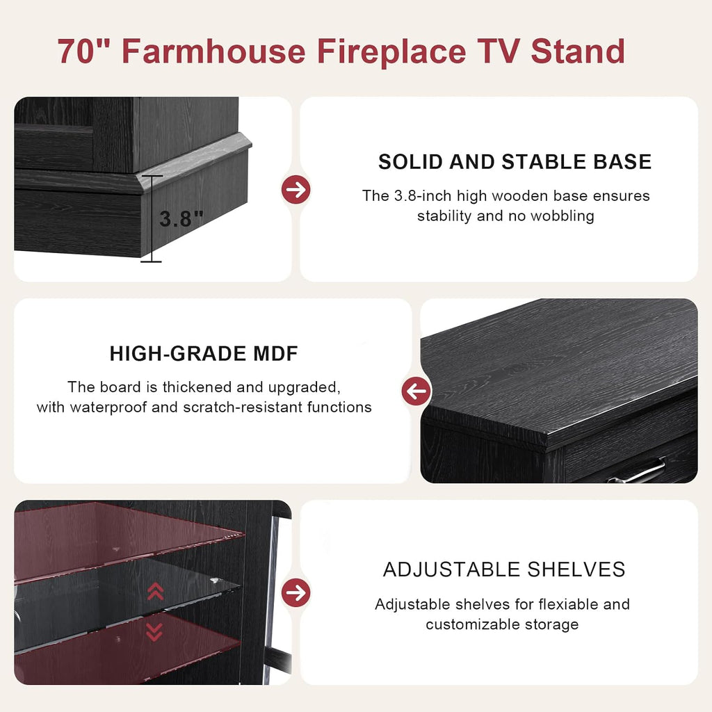 oneinmil 70" Fireplace TV Stand with 3-Sided Glass Fireplace, Modern Wood Entertainment Center with LED Lights and Glass Door, 36" Fire Place TV Stands for Living Room, Black