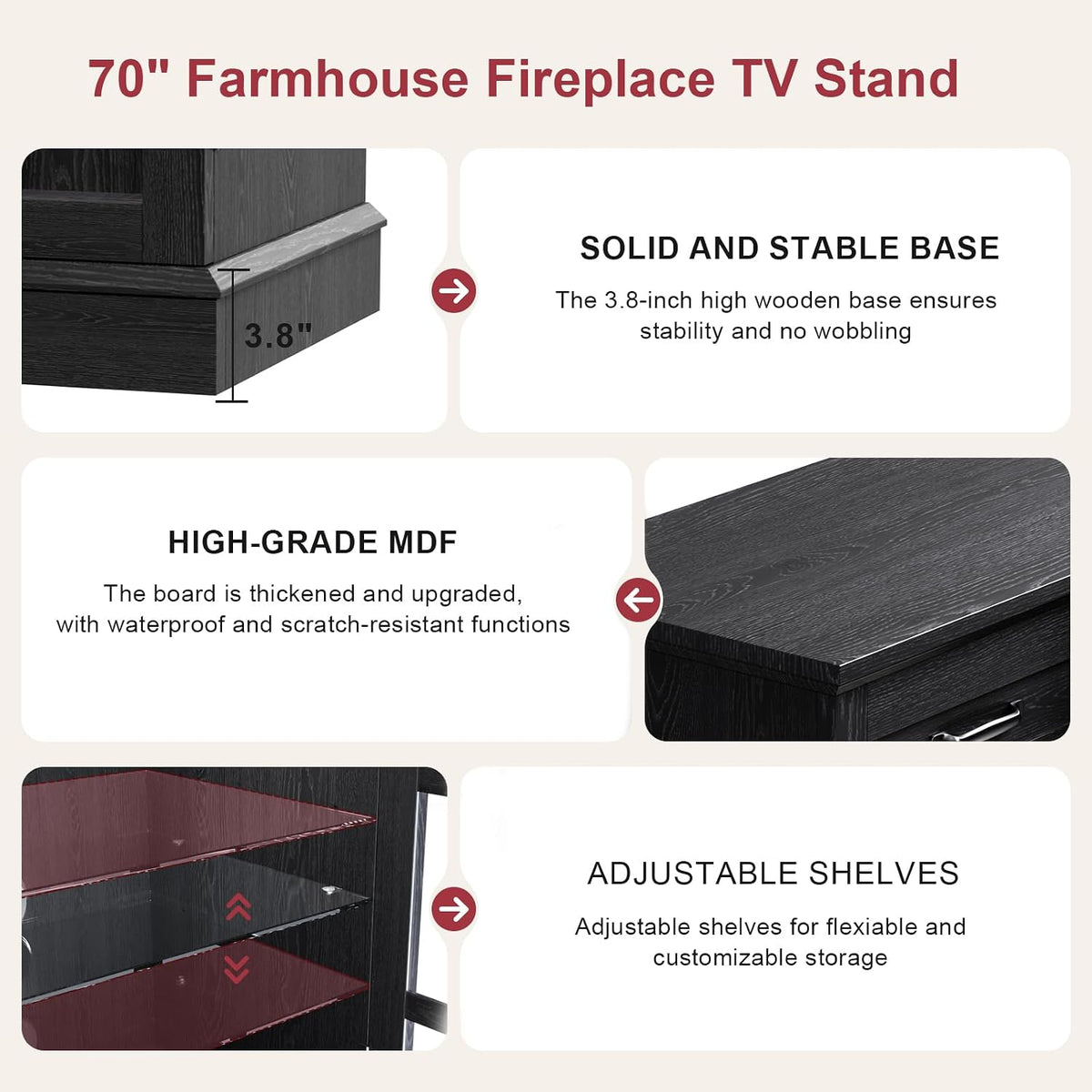 oneinmil 70" Fireplace TV Stand with 3-Sided Glass Fireplace, Modern Wood Entertainment Center with LED Lights and Glass Door, 36" Fire Place TV Stands for Living Room, Black