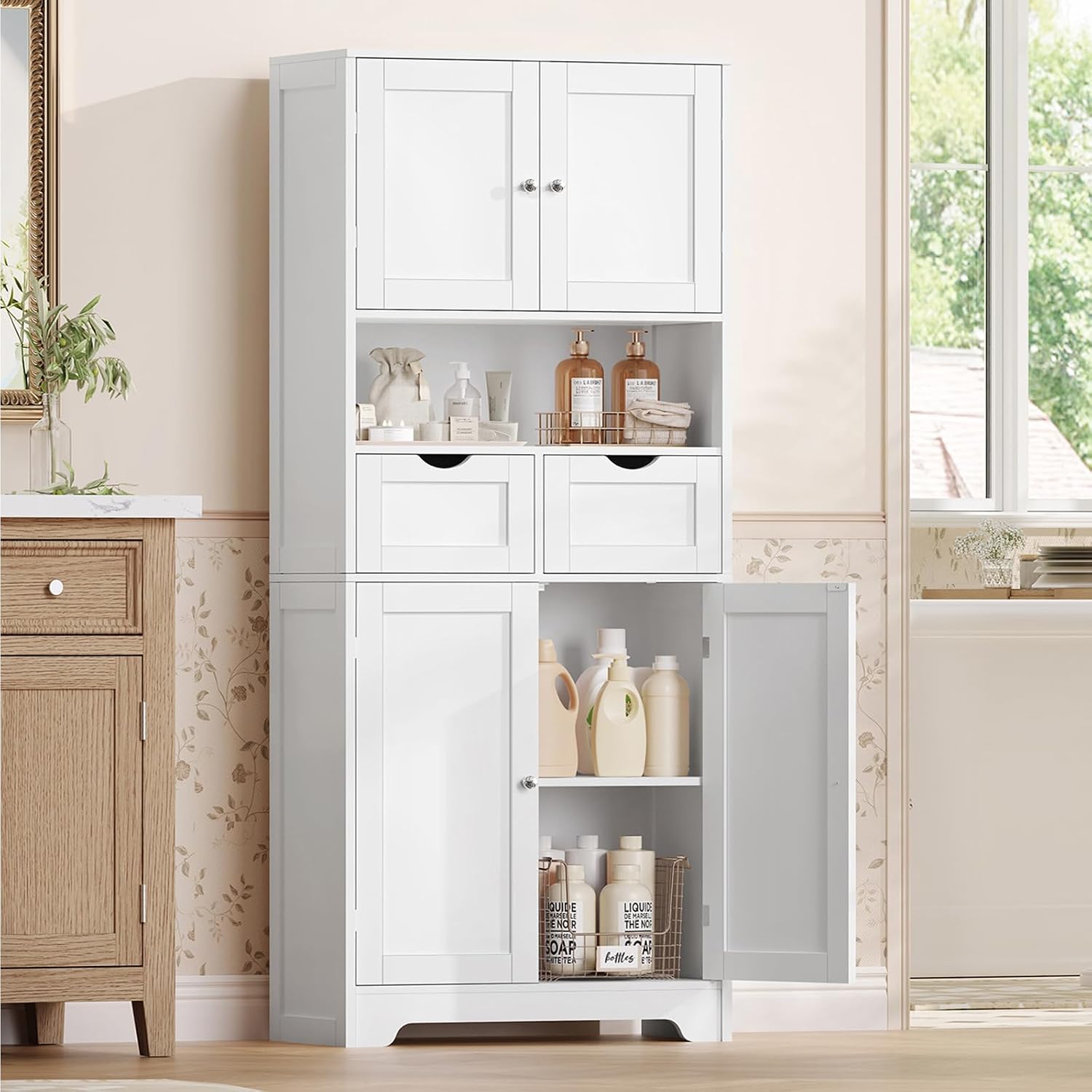 TEENFON 57.8" H Tall Bathroom Storage Cabinet with 4 Doors & 2 Adjustable Shelves, Freestanding Bathroom Cabinet with 2 Drawers, Kitchen Cabinets & Pantry, Cupboard for Kitchen, Dining Room, White
