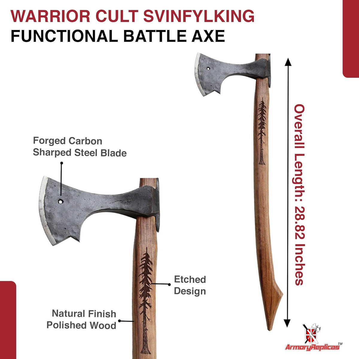 Armory Replicas™ Functional Two-Handed Scandinavian Battle Axe - Tempered High Carbon Steel Boar Formation Medieval Viking War Axe