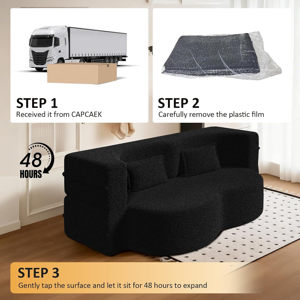 CAPCAEK Folding Sofa Bed,15" Full Size Couch for Living Room, Teddy Fabric Foam-Filled, Convertible Loveseat Sleeper Sofa Bed (Black-Teddy)
