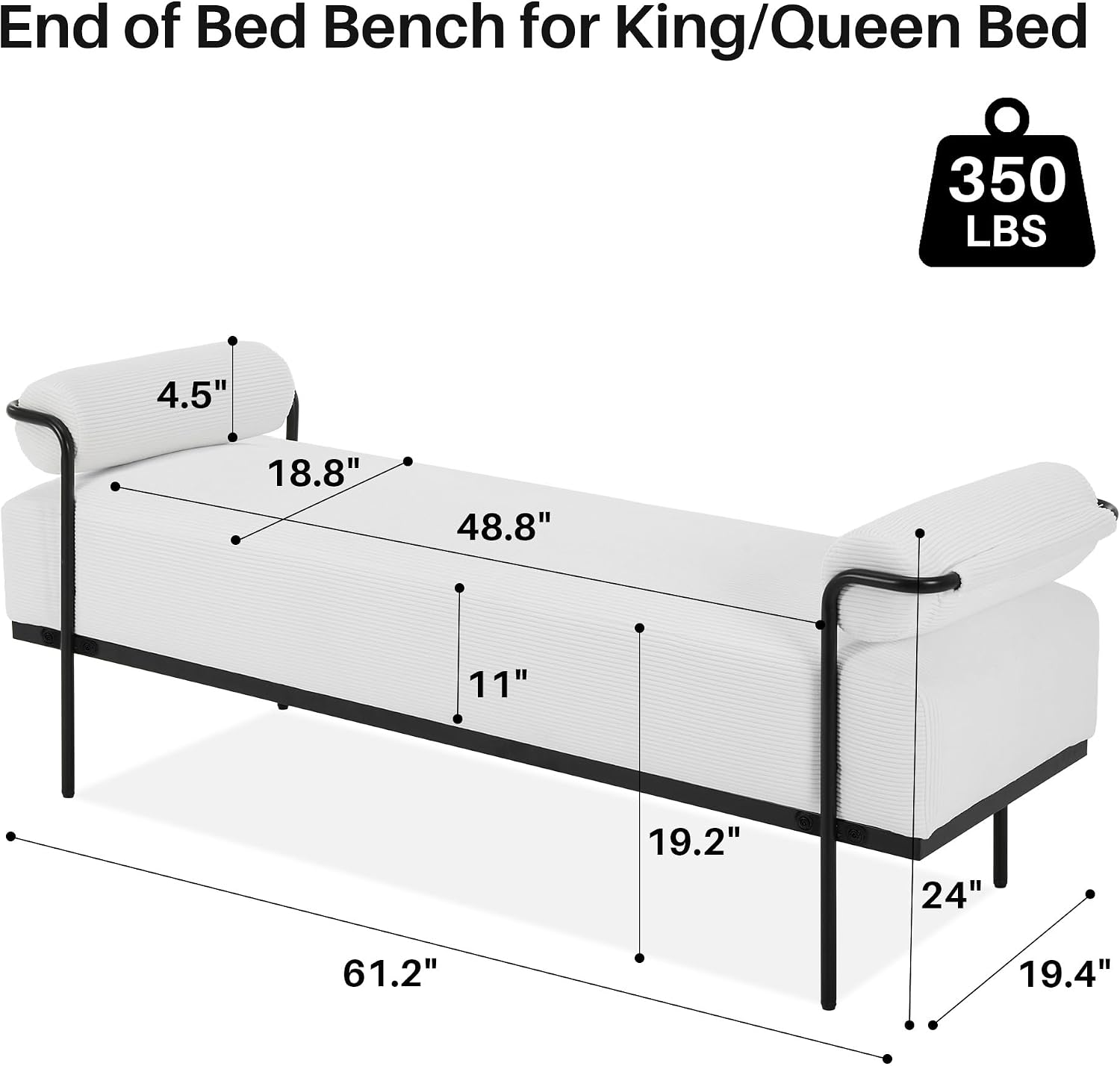 SOFTHION 61.2" End of Bed Bench, Corduroy Upholstered Entryway Bench, White | Modern Upholstered Bench Ottoman, Footrest Stool with Sturdy Metal Frame and Legs for Living Room/Foyer/Mudroom/Hallway