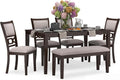 Signature Design by Ashley Langwest 6-Piece Dining Table Set with Bench | Seats up to 6, 60.38 in W dining table, Reverse diamond patterned veneer, Tapered legs, Light beige polyester fabric