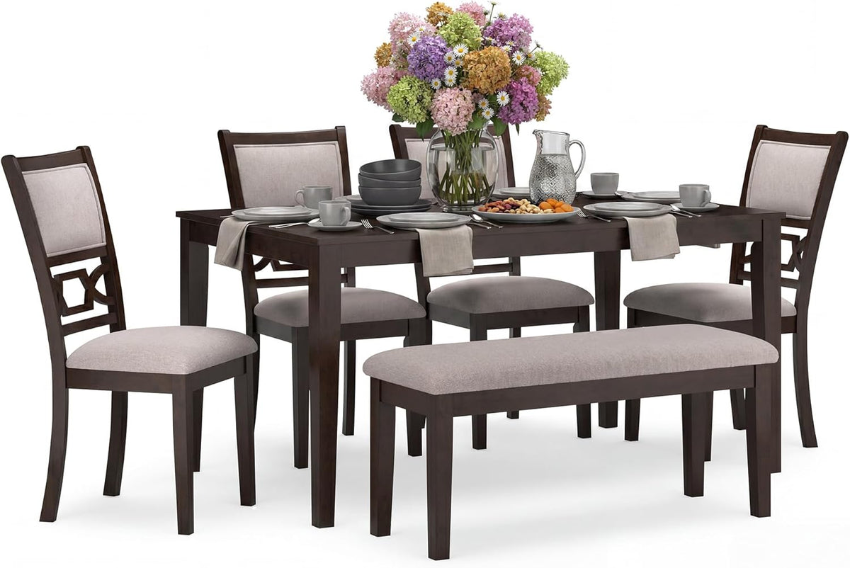 Signature Design by Ashley Langwest 6-Piece Dining Table Set with Bench | Seats up to 6, 60.38 in W dining table, Reverse diamond patterned veneer, Tapered legs, Light beige polyester fabric