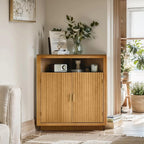 Ahokua Corner Storage Cabinet with Fluted Hand-Carved Doors, riangular Accent Cabinet with Adjustable Shelf & Gold Handles for Living Room or Entryway, Boho Style, Warm Oak