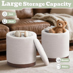 Joveco Round Storage Ottoman with Removable Lid, Boucle Small Upholstered Padded Vanity Foot Rest Stool for Living Room, Bedroom, Dorm, White with Walnut Wood Grain Trim
