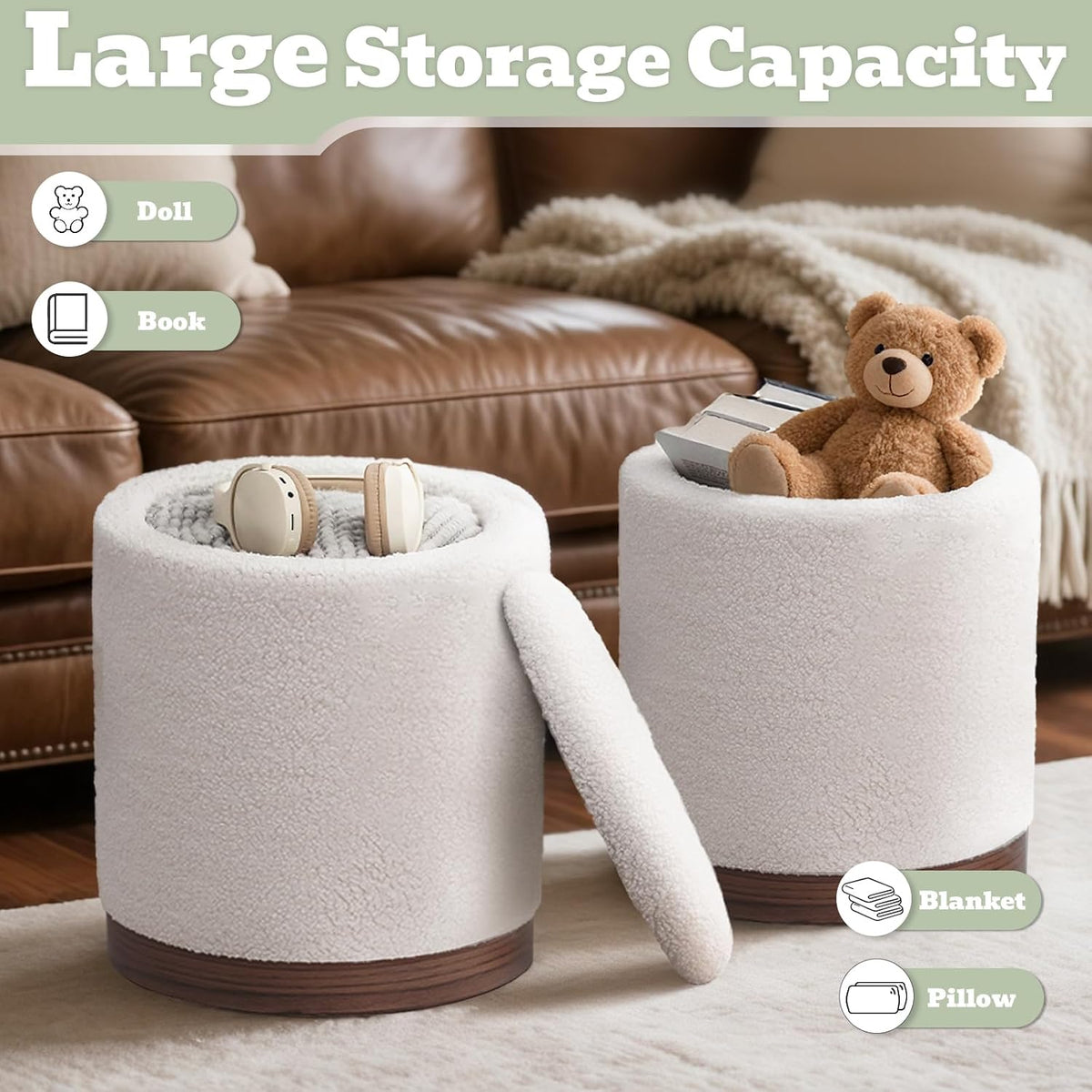 Joveco Round Storage Ottoman with Removable Lid, Boucle Small Upholstered Padded Vanity Foot Rest Stool for Living Room, Bedroom, Dorm, White with Walnut Wood Grain Trim