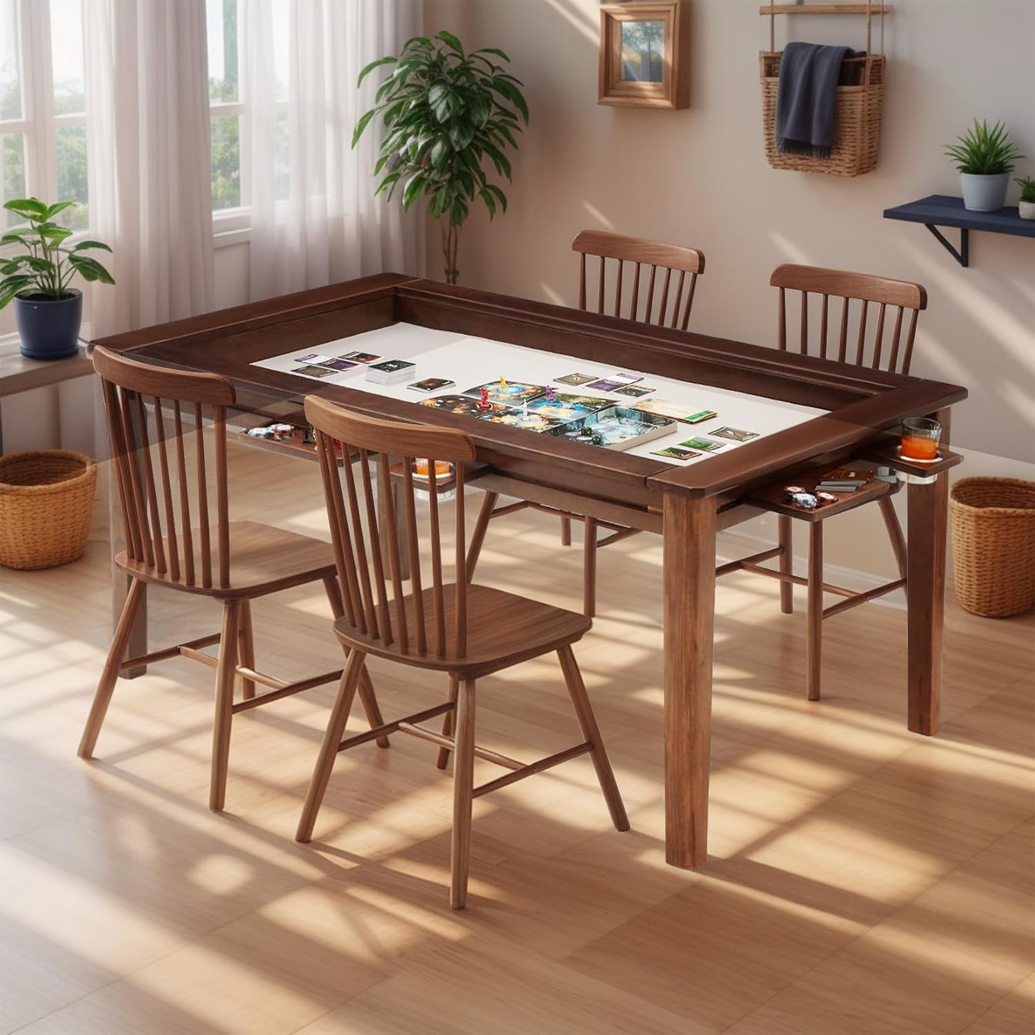 Coperat Solid Wood Board Game Table for 4-6 Players,Dining/Gaming Table w/ 54"x31" Big Gaming Space and Removable Top,Includes Game Mat, 6 Cup Holders & Hobby Tray, Warm Walnut