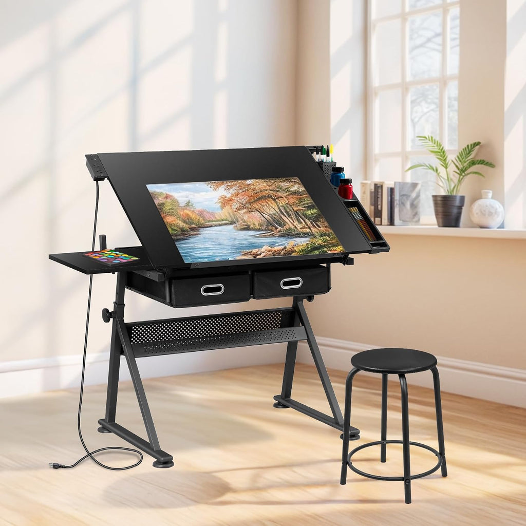 ZENY Adjustable Drafting Table with Stool Tilting Drawing Desk Artist Table | with Outlet, Storage Drawers, Art Craft Workstation for Home Office Reading, Writing, Crafting, Black