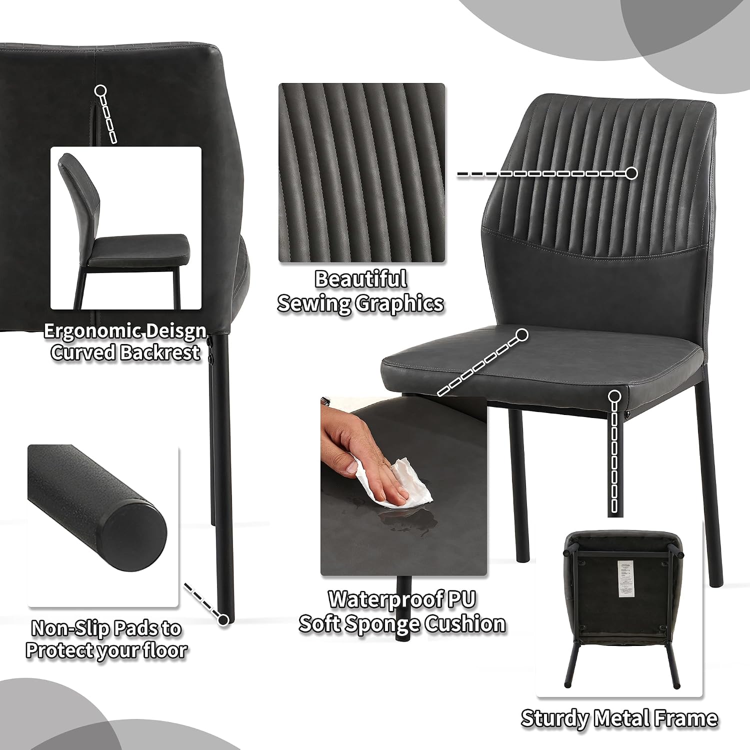 Modern Dining Chairs Set of 4, PU Leather Comfortable Upholstered Dining Room Kitchen Side Chair with Black Metal Legs for Living Room Restaurant, Waterproof, Space-Saving (Grey)