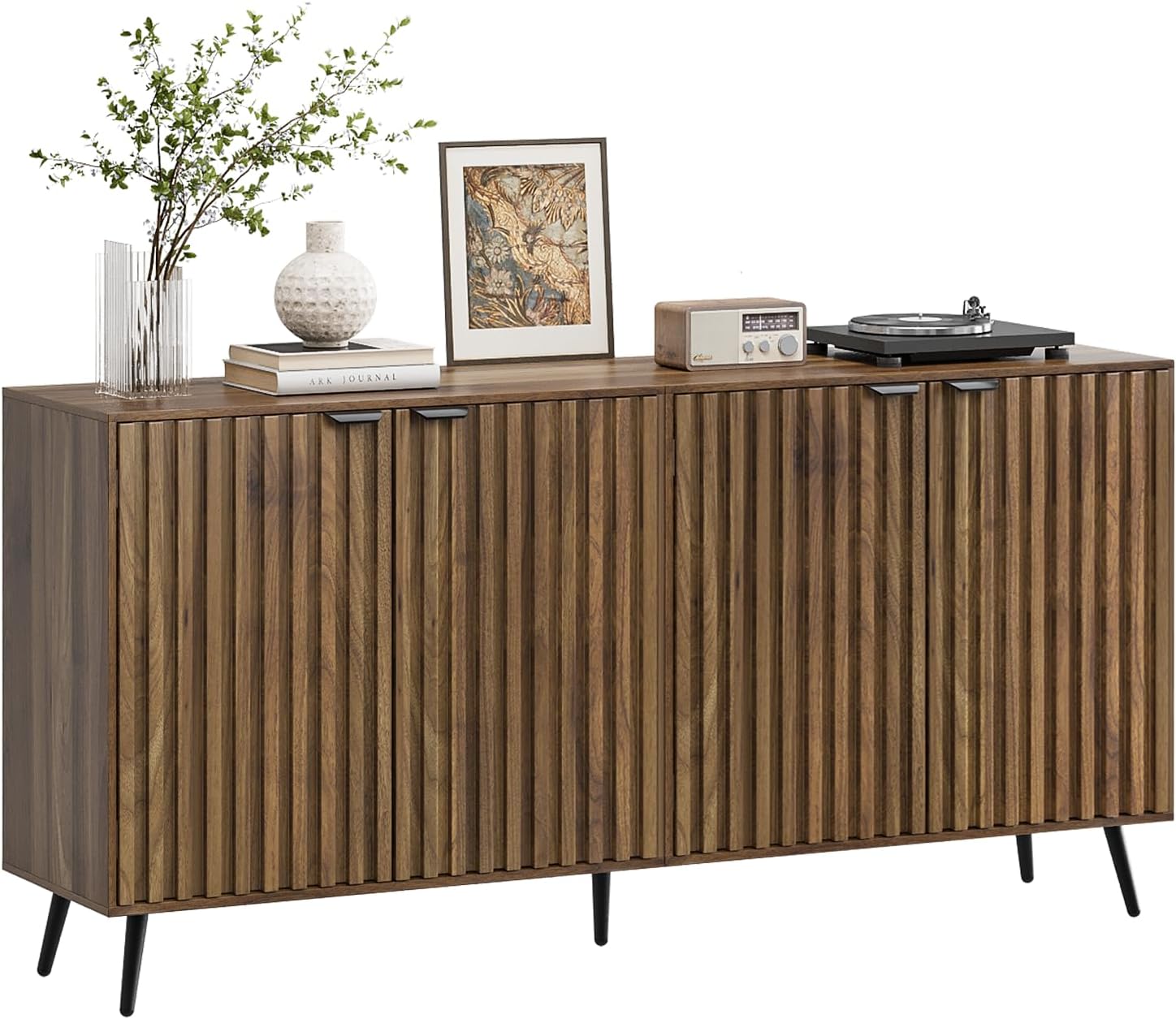 Smuxee 63" Fluted Sideboard Cabinet, Freestanding Walnut Buffet Cabinet with Adjustable Shelf, Wood Storage Cabinet for Living Room, Entryway, Hallway