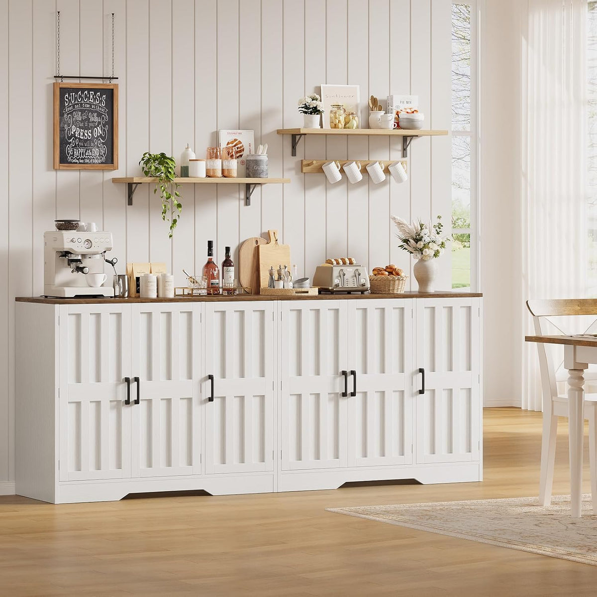 Modern Farmhouse Buffet Cabinet with Storage, 85" Large Sideboard Storage Cabinet with 6 Barn Doors, Coffee Liquor Bar Cabinet Wood Table Credenza with Adjustable Shelf for Kitchen Dining Living Room