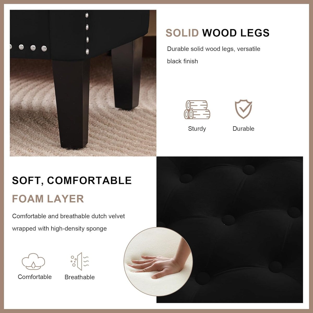 Storage Ottoman Bench, Velvet Upholstered Footstool for Bedroom and Living Room, Tufted Seat with Storage, Wooden Legs & Metal Rivets, Black