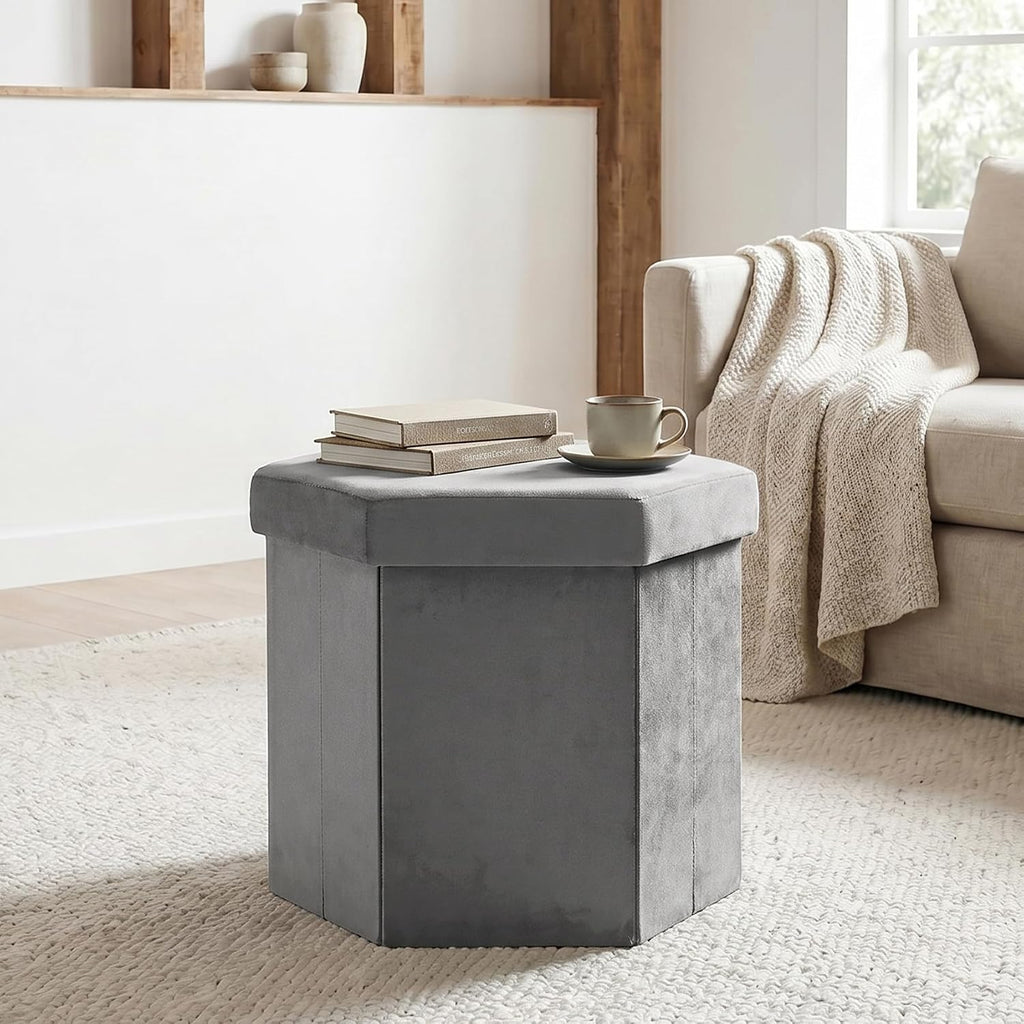 Hexagon Storage Ottoman, 15 Inch Foldable Footstool Charcoal Grey | Soft Velvet Upholstery, Hidden Storage, Compact Footrest, Small Accent Ottoman for Entryway, Living Room and Dorm