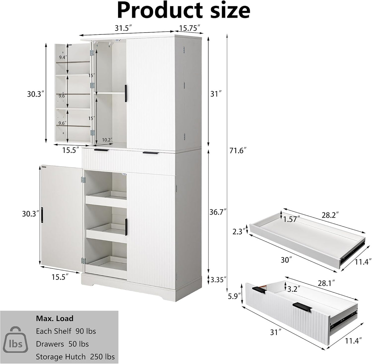 Tall Freestanding Pantry with Grooved Doors – MDF Storage Unit with 3 Pull-Out Drawers and 6 Spice Racks for Kitchen, Entryway, or Dining Room (White)