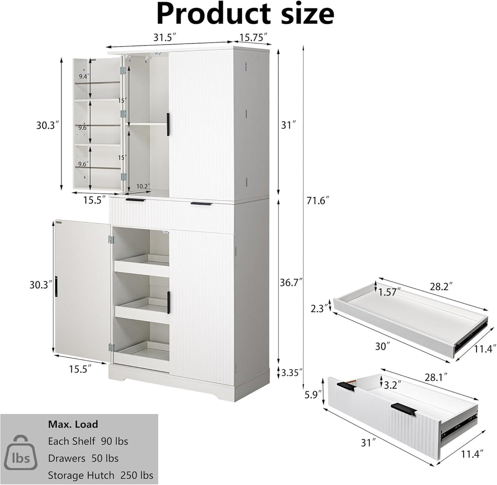 Modern Kitchen Pantry Cabinet, 71" Height Tall Freestanding Cupboard with a Drawer,3 Sliding Rack,6 Hanging Shelves,Fluted Kitchen Organizer Storage Cabinet for Dining Room Living Room (White-1)