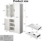 Modern Kitchen Pantry Cabinet, 71" Height Tall Freestanding Cupboard with a Drawer,3 Sliding Rack,6 Hanging Shelves,Fluted Kitchen Organizer Storage Cabinet for Dining Room Living Room (White-1)