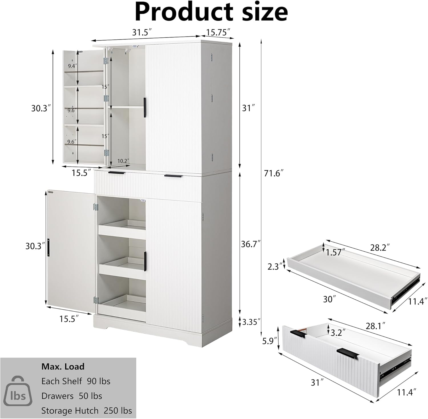 Modern Kitchen Pantry Cabinet, 71" Height Tall Freestanding Cupboard with a Drawer,3 Sliding Rack,6 Hanging Shelves,Fluted Kitchen Organizer Storage Cabinet for Dining Room Living Room (White-1)