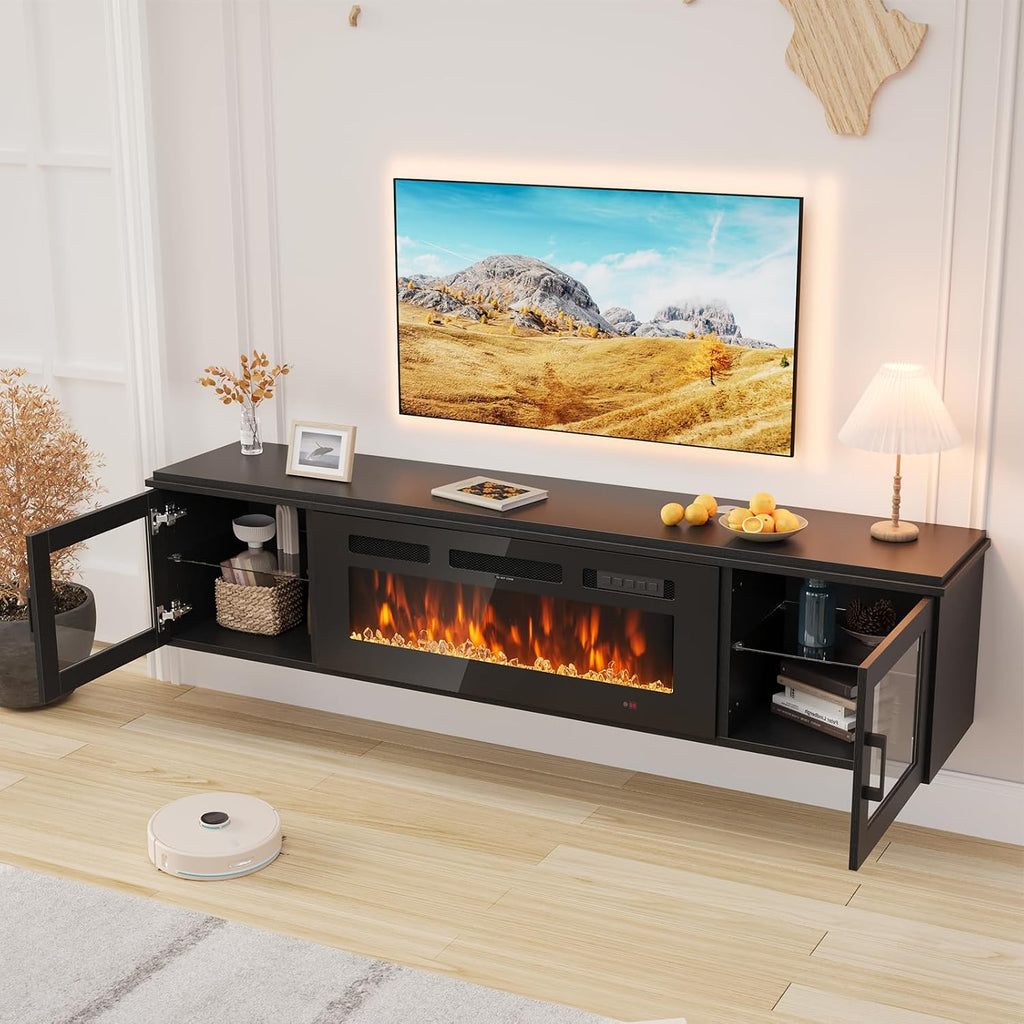 80" Floating TV Stand with 36" Electric Fireplace, Brown & Black | Floating TV Stand Wall Mounted Fits TVs up to 80", Adjustable Shelves & Storage, TV Console for Living Room, WI‑FI Enabled