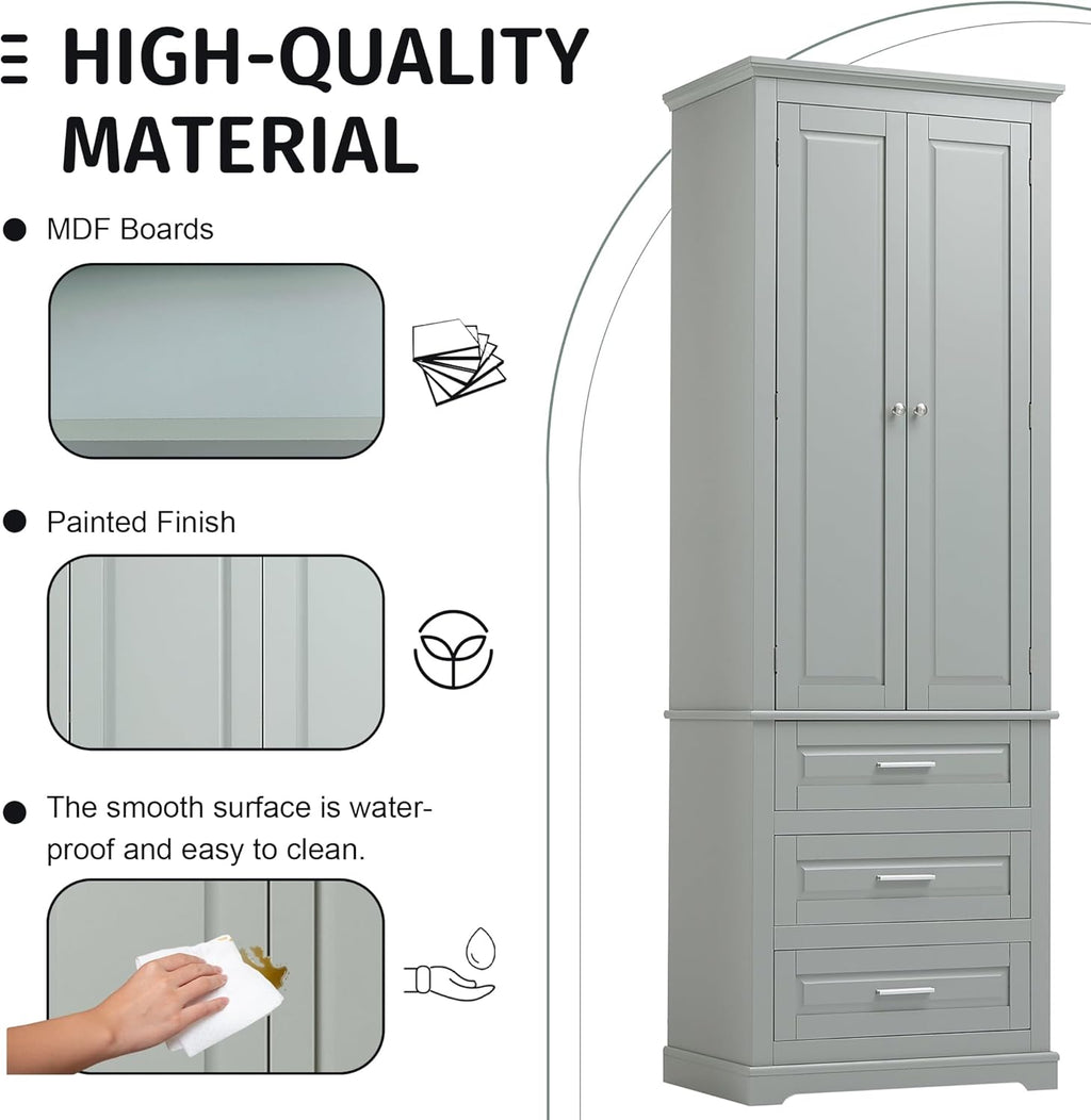 Merax 70" Pantry Cabinet with Two Doors & Three Drawer, Adjustable Shelves Storage Cupboard for Kitchen/Dining Room/Bathroom, Gray