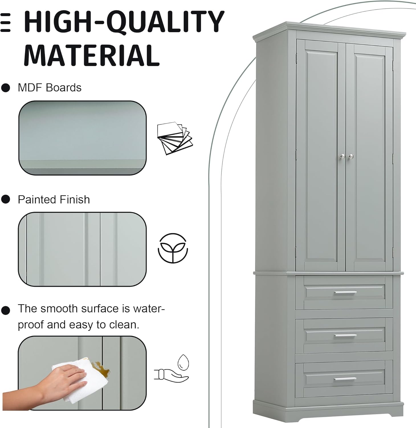 Merax 70" Pantry Cabinet with Two Doors & Three Drawer, Adjustable Shelves Storage Cupboard for Kitchen/Dining Room/Bathroom, Gray
