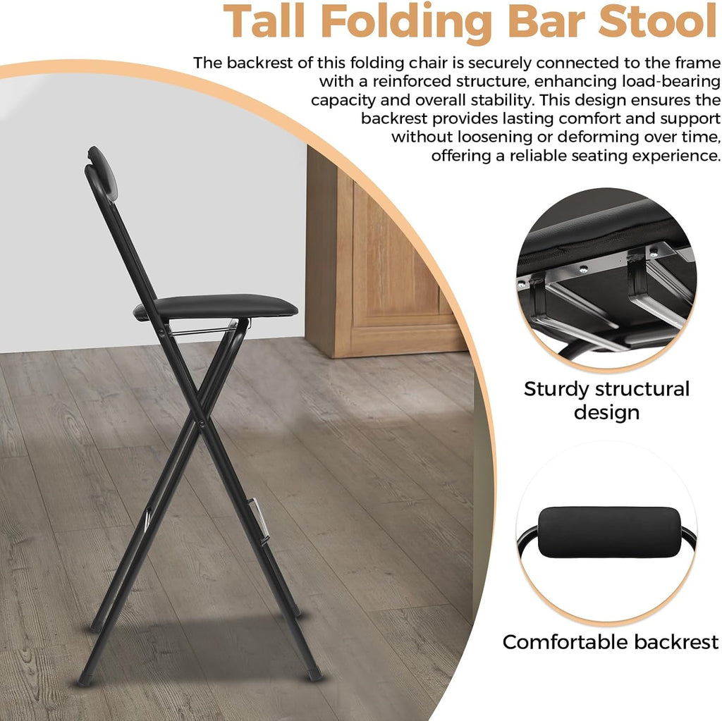 Folding Stool, Cushioned Padded Folding Stool Portable Bar Stool with Back for Camping Kitchen Home Office, Tall Bar Collapsible Stools (Black, 1Pcs 29.53in)