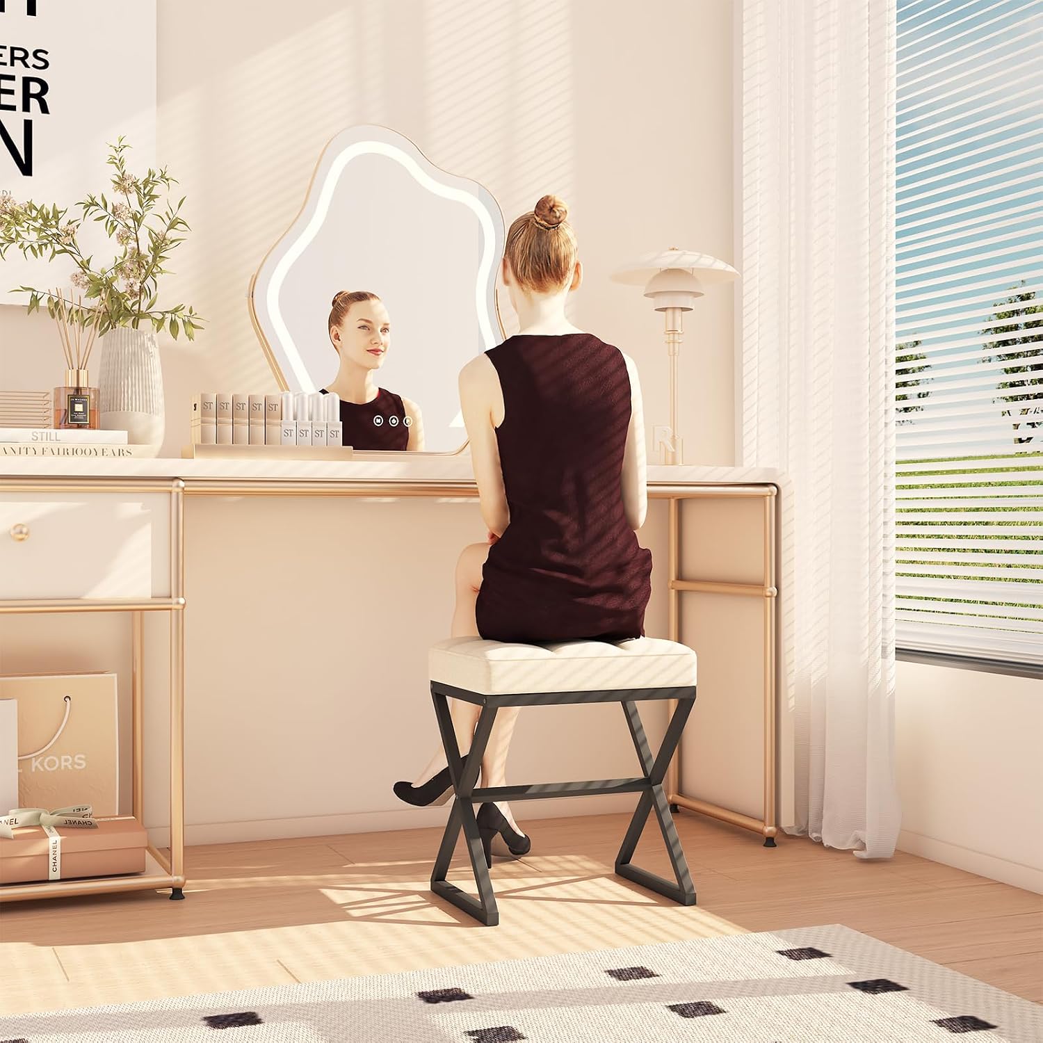 YMYNY Vanity Stool, Linen Footrest Stool, Ottoman Bench with X-Shaped Metal Legs, Makeup Dressing Stool for Vanity, Living Room, Bedroom, Entryway, Hallways 15.74" D×11.81" W×18.11" H Beige UHBD033Y