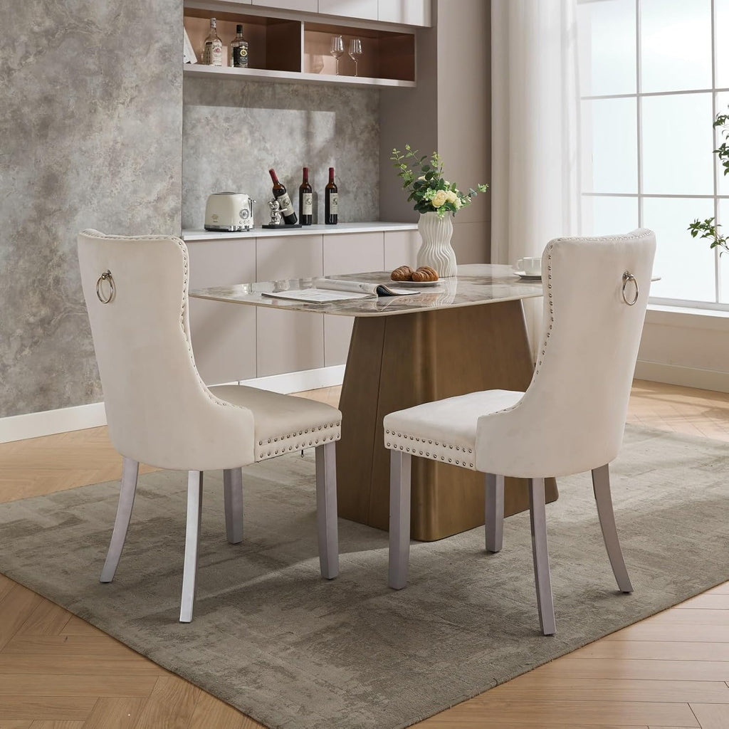 LKTART Dining Chairs Set of 6 Mid-Century Modern Chairs with Pull Ring, Velvet Upholstered Dining Chair with Wooden Legs Nailhead Trim for Kitchen Bedroom Dining Room (Beige)