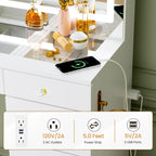Pamapic Glass Top Vanity Desk with Crystal Handles and 11 Drawers, Makeup Vanity with Mirror and Lights, 3 Lighting Modes Dressing Table, Power Outlet, Silent Slides, White