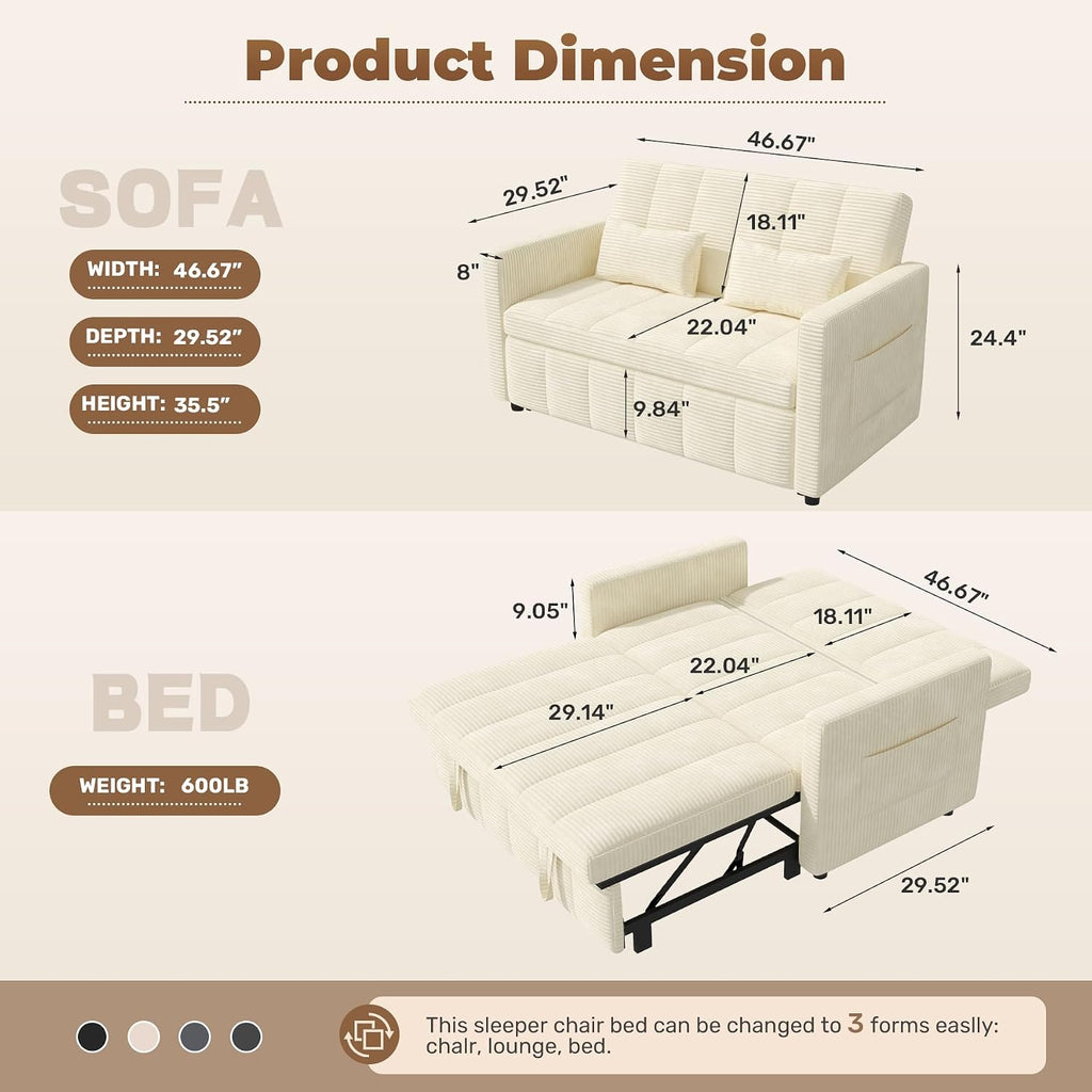 Nebuaegis Sleeper Sofa Bed,3-in-1 Convertible Pull Out Couch with Adjustable Backrest for Living Room,Loveseat Sofa Bed with Side Pockets,Easy Assembly,Beige,1 PCS