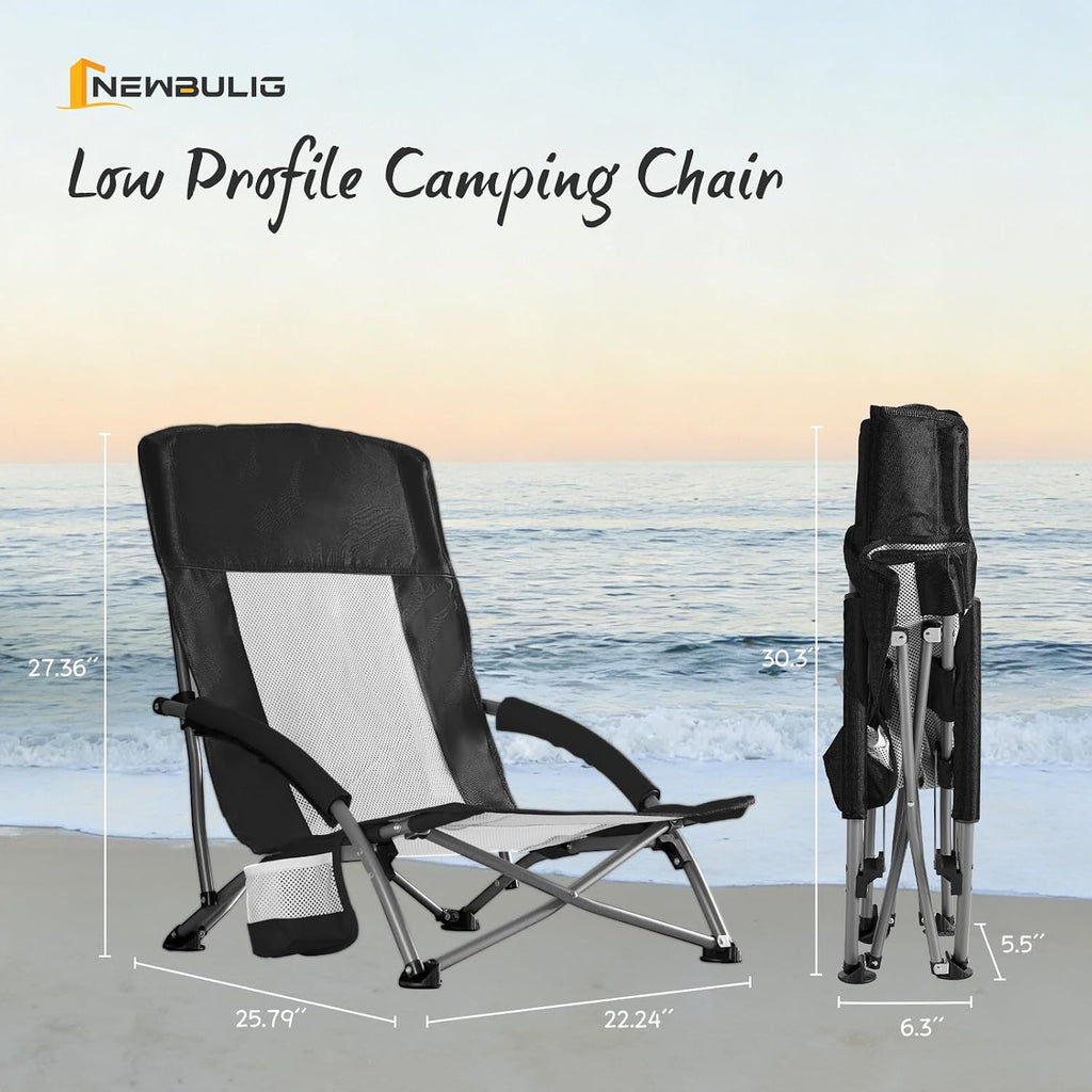 NEWBULIG Folding Camping Beach Chair for Adults, Low Profile Lawn Chair with Cup Holders & Carry Bag, Extra Wide Seat and High Back, Portable for Beach, Outdoors, Travel & Concerts, Black