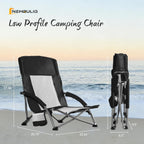 NEWBULIG Folding Camping Beach Chair for Adults, Low Profile Lawn Chair with Cup Holders & Carry Bag, Extra Wide Seat and High Back, Portable for Beach, Outdoors, Travel & Concerts, Black