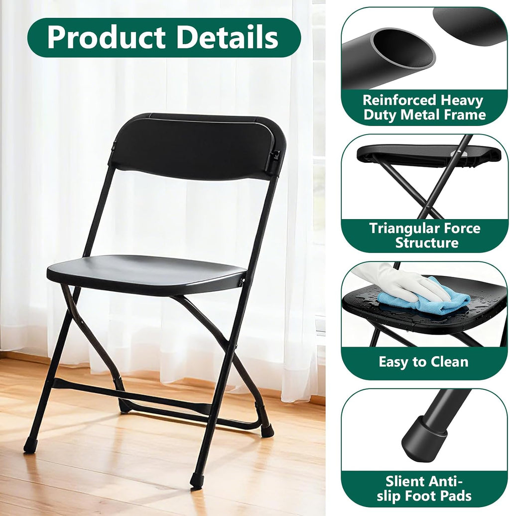 4 Pack Black Plastic Folding Chairs, Outdoor Portable Folding Chair with Steel Frame, 350lbs Capacity Stackable Foldable Chairs for Patio, Garden, Picnic, Kitchen, Events