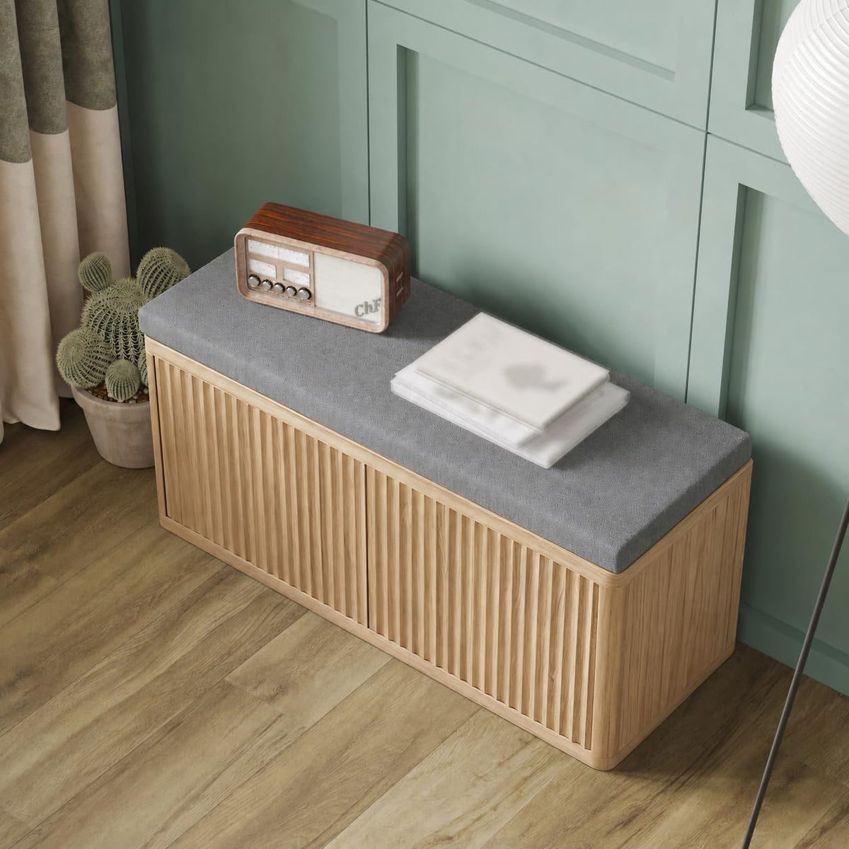 Entryway Shoe Storage Bench with 2" Cushion, 37.4" Small Bench with Shoe Rack, Cabinet Organizer for Hallway，Bedroom End of Bed (Light Oak)