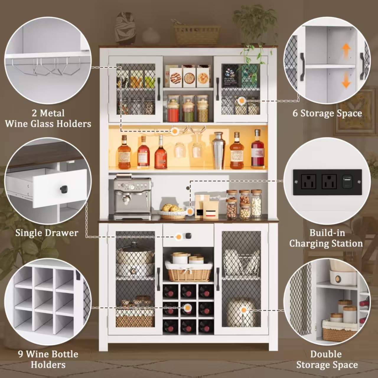 70.9" Kitchen Pantry Storage Cabinet, Rustic Bufft Cabinet with Doors and LED Outlets, Wooden Kitchen Hutch Cabinet with Shelves for Dining Room, White