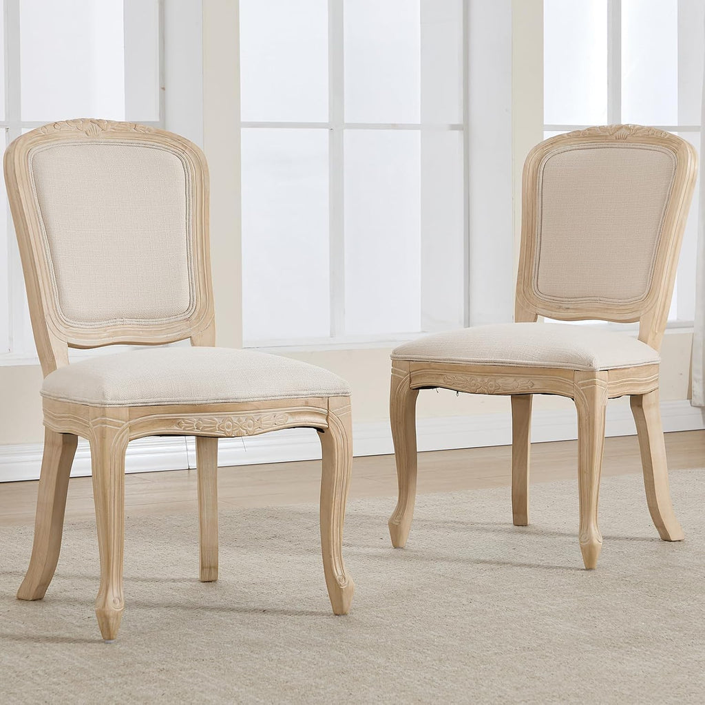 Kmax French Dining Chairs Set of 2, Farbric Upholstered Dining Chairs with Elegant Curved Legs High Back Armless Kitchen Chairs Side Chairs for Dining Room Restaurant - Linen, Beige/Natural Legs