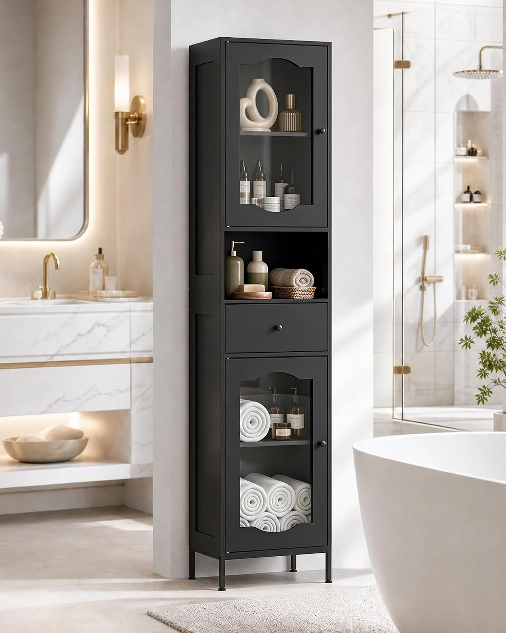 fineway 68"H x 16"W Tall Bathroom Storage Cabinet with Door & Drawer, Black | Clear-View Doors, 6-in-1 Large Capacity Storage, Easy Assembly & 4-Year Warranty, FSC-Certified Wood, Anti-Tip Safety