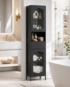 fineway 68"H x 16"W Tall Bathroom Storage Cabinet with Door & Drawer, Black | Clear-View Doors, 6-in-1 Large Capacity Storage, Easy Assembly & 4-Year Warranty, FSC-Certified Wood, Anti-Tip Safety