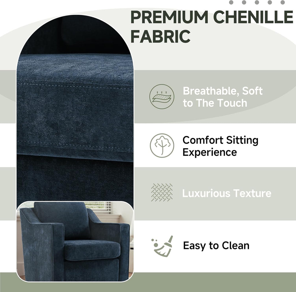 Swivel Accent Chairs Set of 2, Chenille Upholstered Armchair for Living Room, Modern Armrest Chair Comfy Single Sofa Bedroom Reading Seat with Lumbar Pillow - Navy