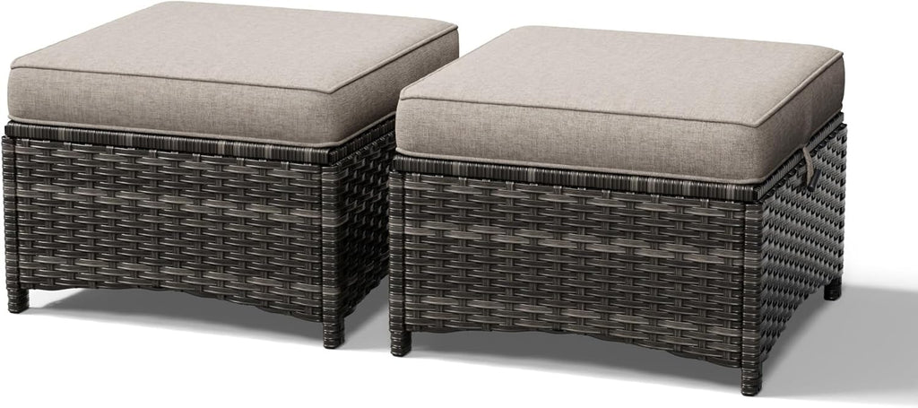 Joyside Outdoor Ottoman Set of 2, Patio Large Ottoman Foot Rest with Thickened Cushions, Outdoor Wicker Foot Stool for Porch, Deck Use