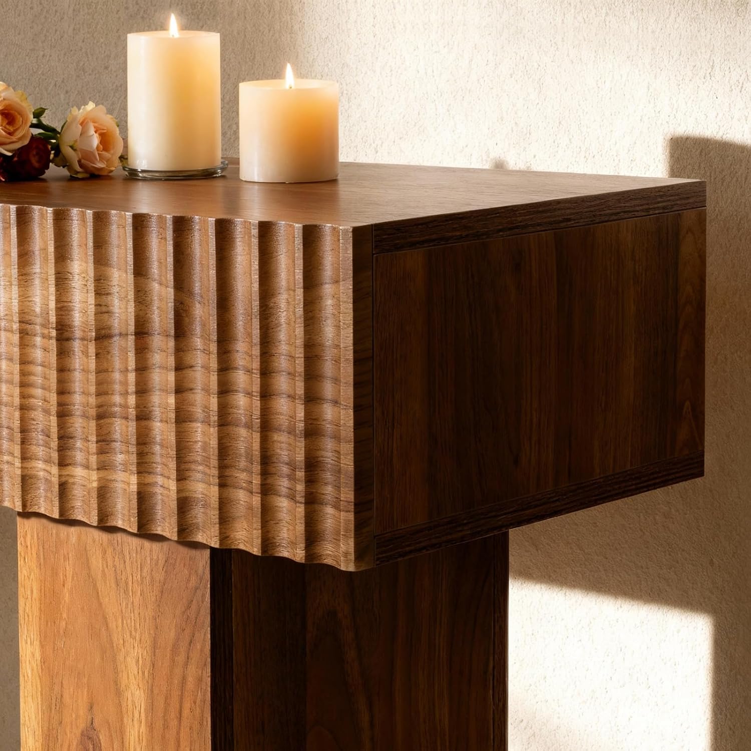 ZYBT 56" Fluted Console Table, Boho Vanity Desk Wooden Narrow Sofa Table Behind The Couch, Farmhouse Entryway Table for Entrance, Hallway,Living Room,Bedroom, Home Office,Brown