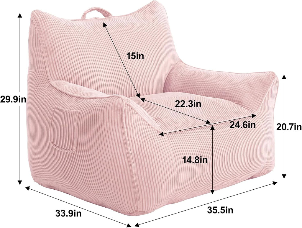 Vipbear Bean Bag Chair for Adults, Chair with Memory Foam | 35.5" Corduroy Beanbag Washable, Cozy Fluffy Chair with Pocket & Handle, Ergonomic Bedroom Sofa Chair for Gaming, Reading