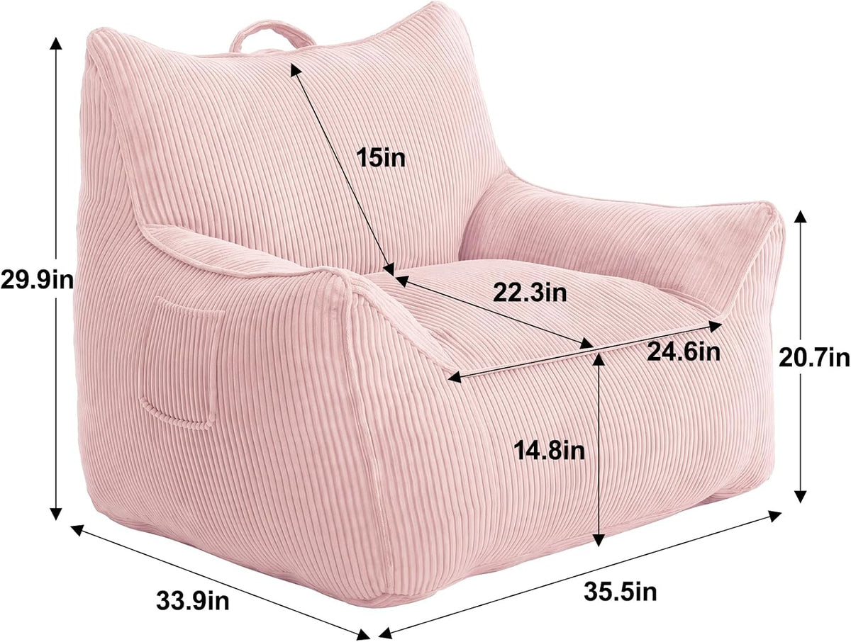 Vipbear Bean Bag Chair for Adults, Chair with Memory Foam | 35.5" Corduroy Beanbag Washable, Cozy Fluffy Chair with Pocket & Handle, Ergonomic Bedroom Sofa Chair for Gaming, Reading